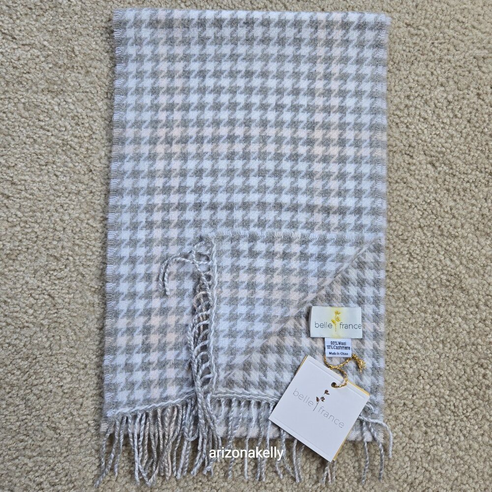 NWT Wool & Cashmere Houndstooth Scarf Belle France - Picture 7 of 8